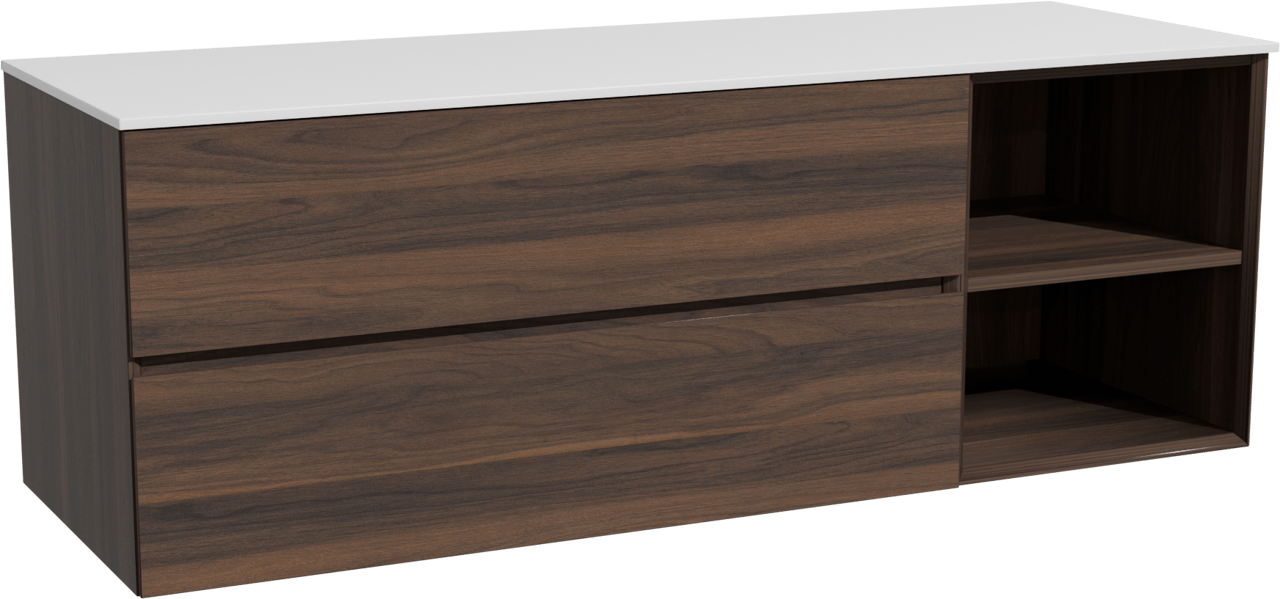 Storke Edge zwevend badmeubel 150 x 52 cm notenhout met Tavola enkel of dubbel wastafelblad in solid surface mat wit