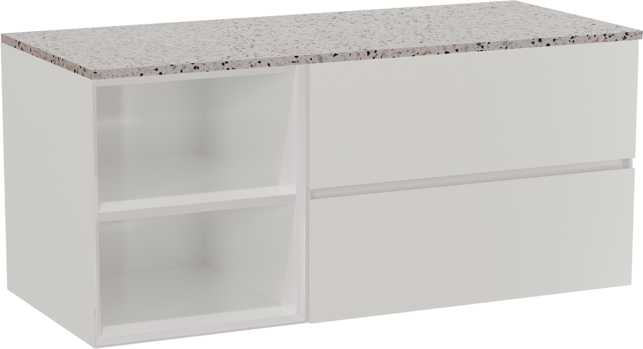 Storke Edge zwevend badkamermeubel 120 x 52 cm glanzend wit met Tavola enkel of dubbel tablet in mat wit/zwart terrazzo