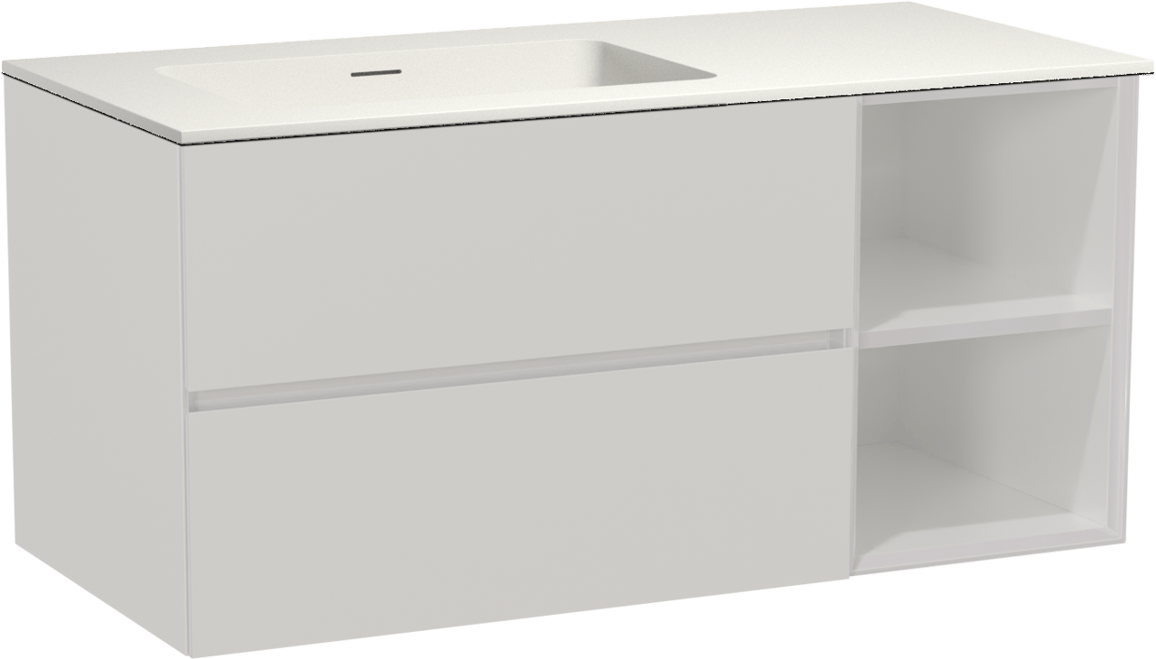 Storke Edge meuble salle de bains suspendu 110 x 52 cm blanc brillant avec Mata plan vasque asymétrique à gauche en solid surface blanc mat