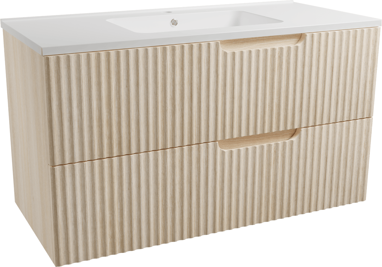 Linie Ribbo zwevend badkamermeubel 100 x 46 cm lichte eik met Vano enkele wastafel in composietmarmer glanzend wit, Verticale symmetrische ronde ribbel