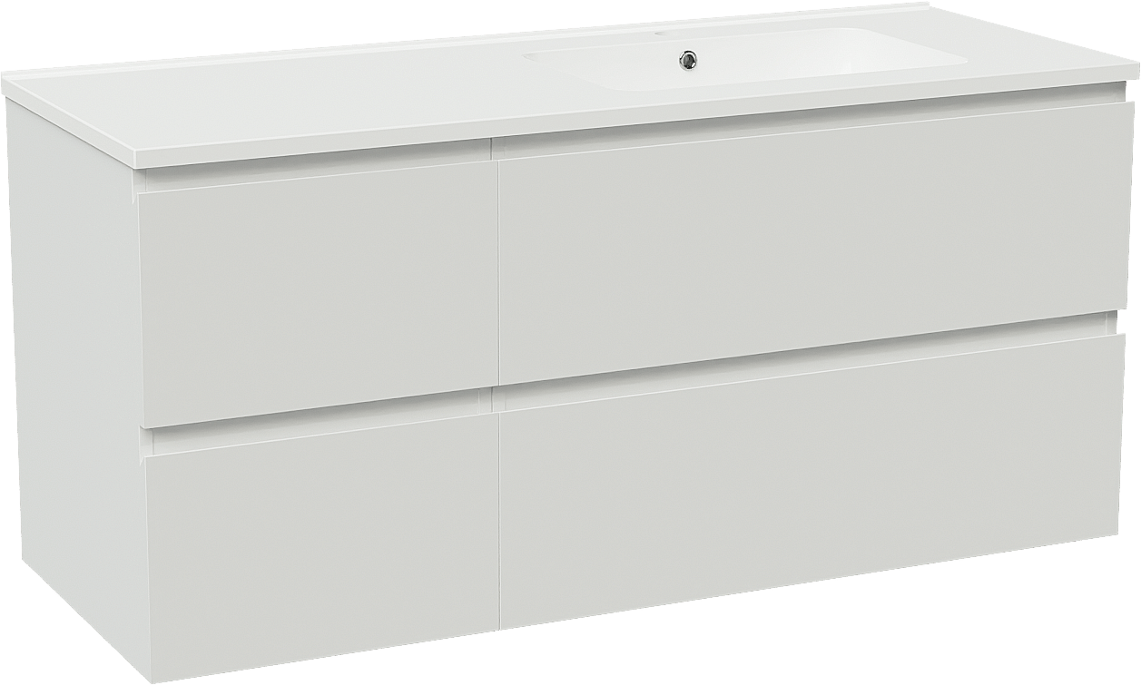 Linie Lado meuble salle de bains suspendu 120 x 46 cm blanc brillant avec Vano vasque asymétrique droite en marbre composite blanc brillant