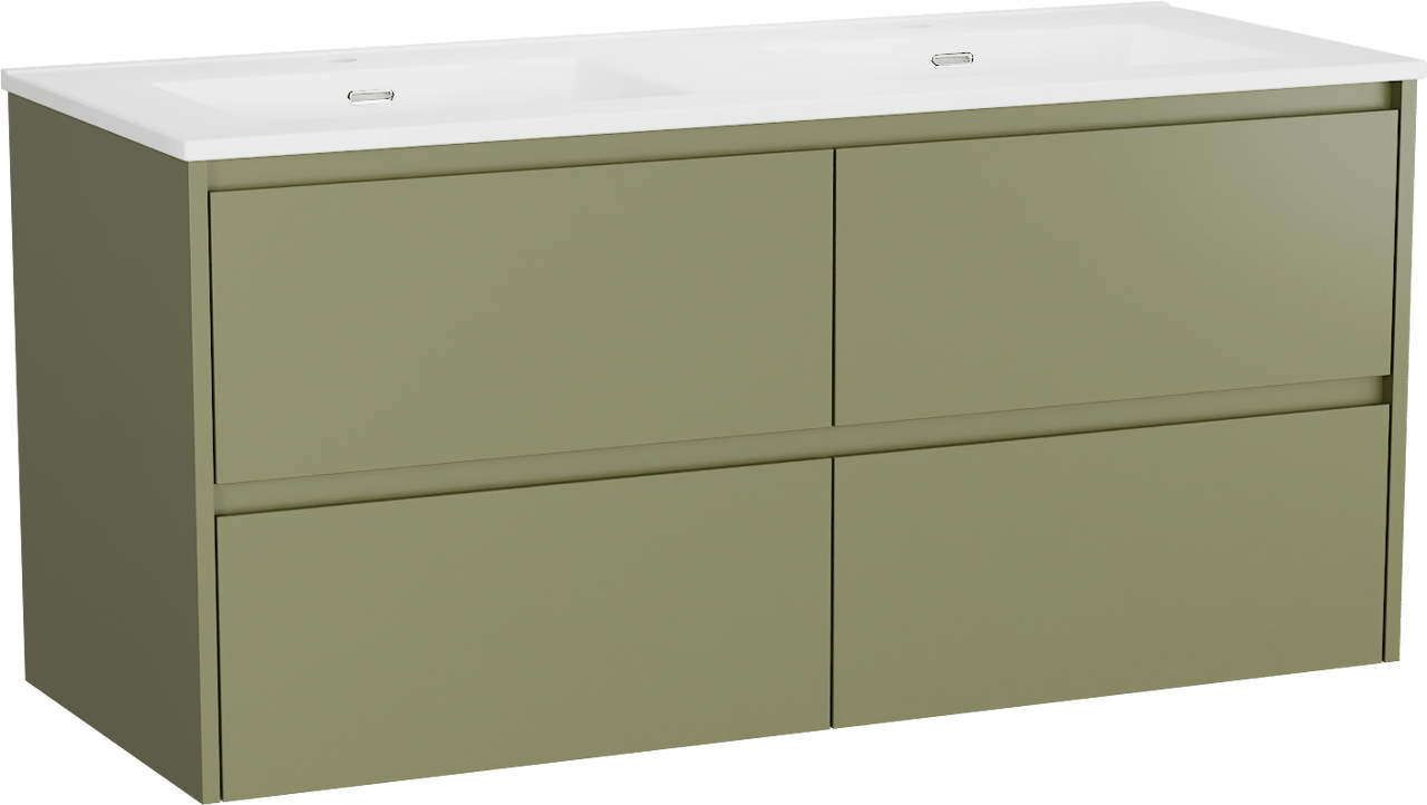 Storke Seda meuble salle de bains suspendu 130 x 52 cm vert olive avec Kera double vasque en porcelaine blanc mat, bondes incluses