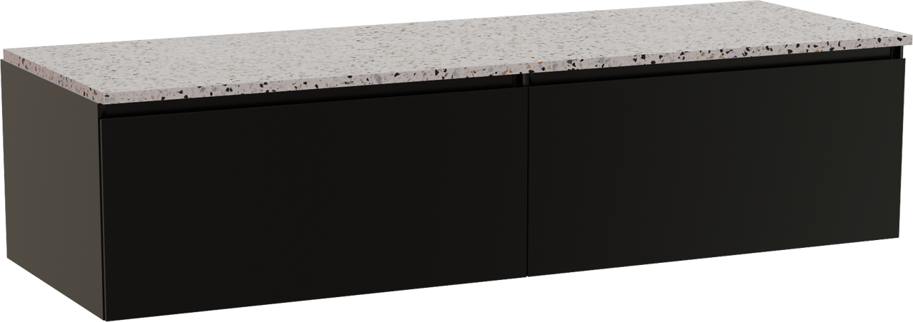 Storke Edge zwevend badmeubel 150 x 52 cm mat zwart met Tavola enkel of dubbel wastafelblad in mat wit/zwart terrazzo