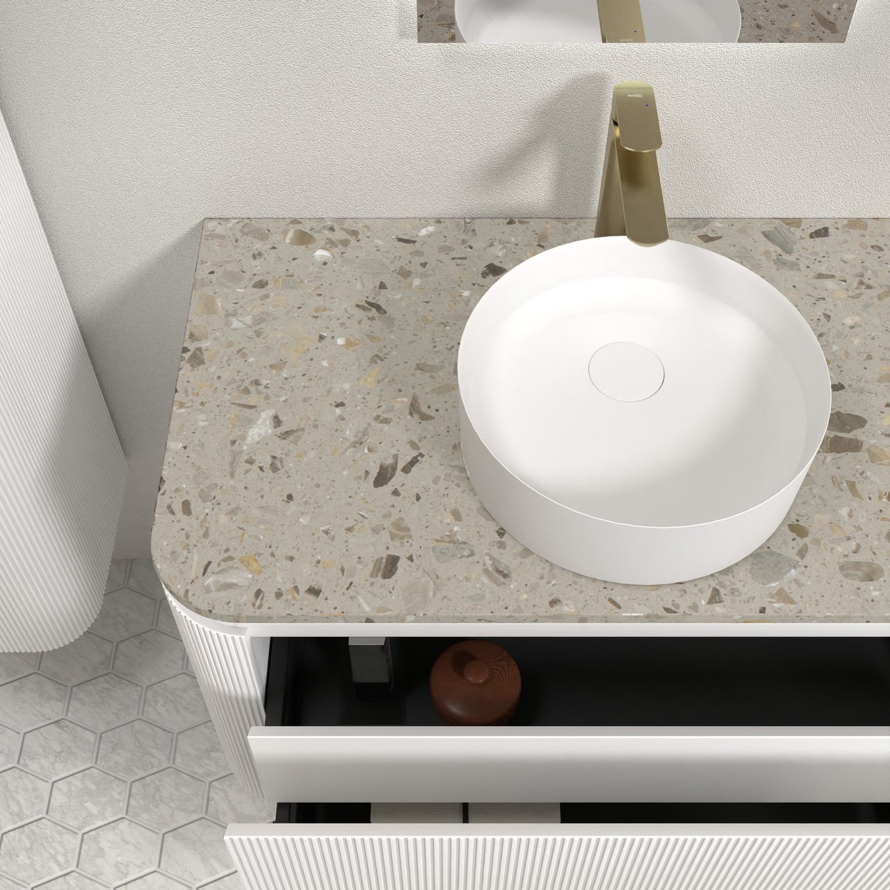Balmani Moon zwevend badkamermeubel 160 x 55 cm mat wit met Moon enkel of dubbel tablet in terrazzo greige terrazzo, Verticale symmetrische rechte ribbel