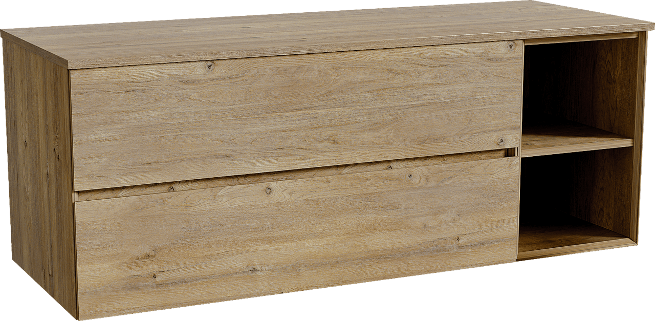 Storke Edge zwevend badkamermeubel 140 x 52 cm ruwe eik met Panton enkel of dubbel tablet in melamine ruwe eik
