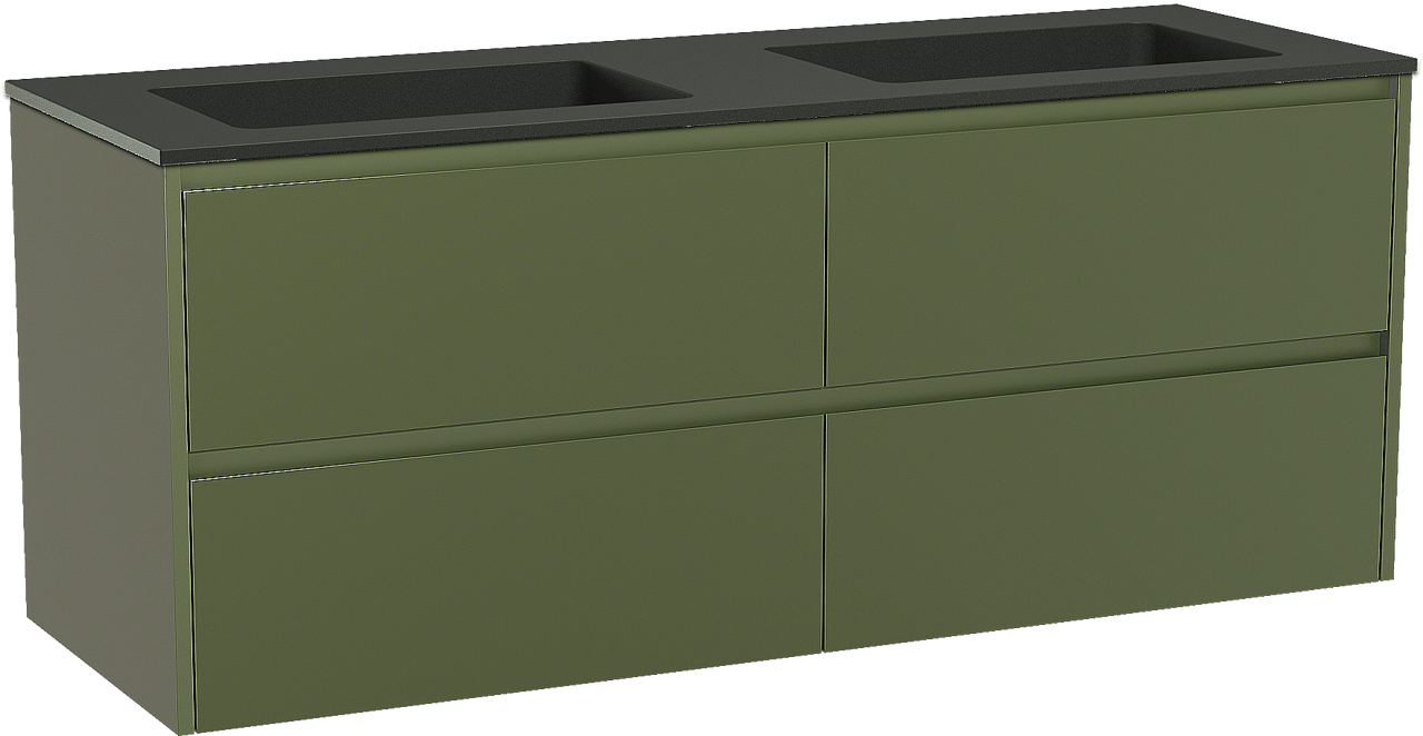 Storke Seda zwevend badkamermeubel 150 x 52 cm olijfgroen met Scuro dubbele wastafel in kwarts mat zwart