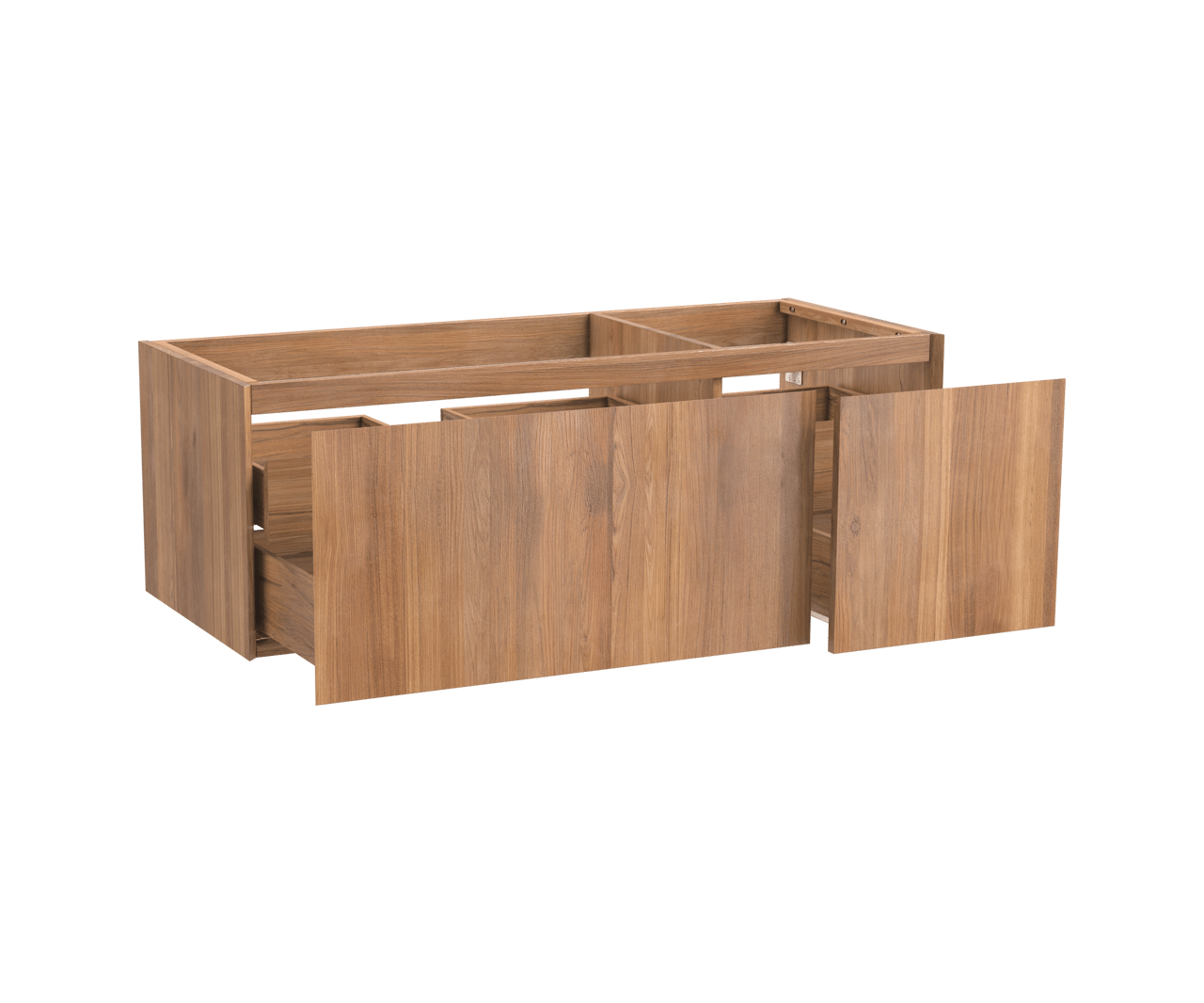 Balmani Idra by Mitra hängender Waschbeckenunterschrank: 135 x 55 cm, asymmetrisch links, Teak, 4 Schubladen
