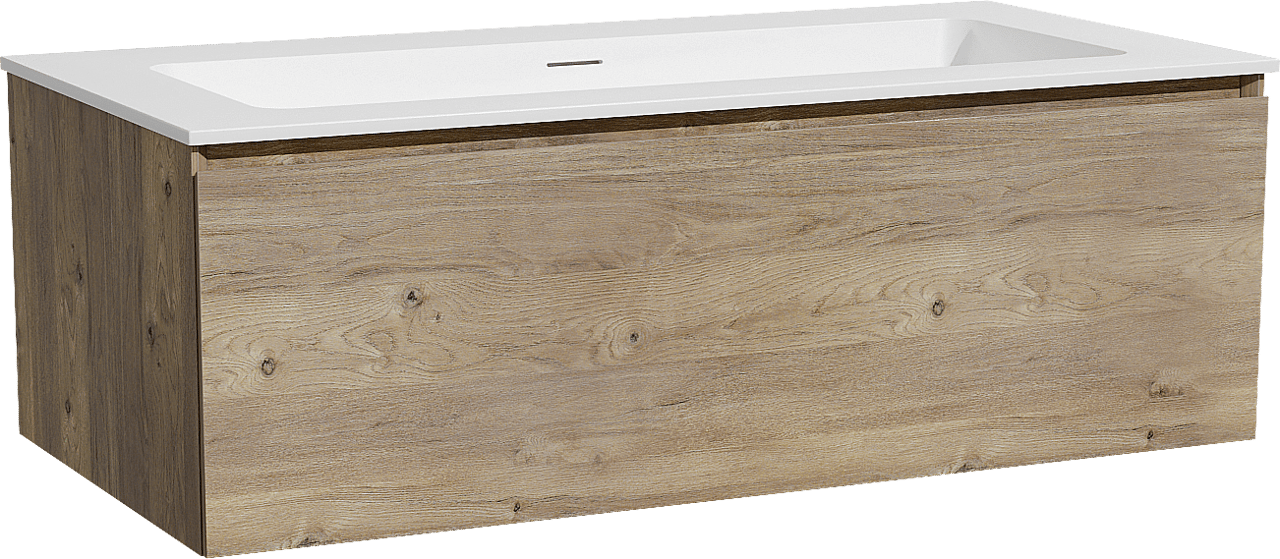 Storke Edge zwevend badmeubel 105 x 52 cm ruw eiken met Mata enkele wastafel voor 2 kraangaten in solid surface mat wit