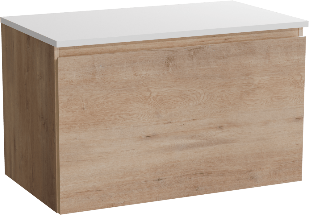 Linie Lado meuble salle de bains suspendu 80 x 46 cm chêne naturel avec Lado tablette simple en marbre composite blanc mat