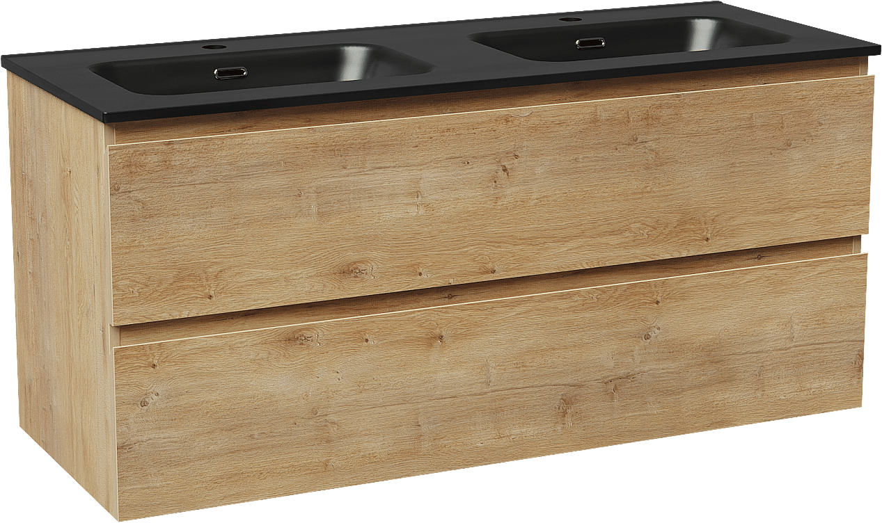 Linie Lado meuble salle de bains suspendu 120 x 46 cm chêne naturel avec Baro double vasque en porcelaine noir mat