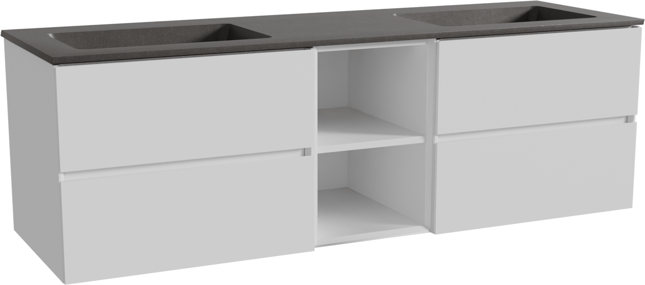 Storke Edge zwevend badmeubel 165 x 52 cm mat wit met Scuro dubbele wastafel in kwarts mat zwart