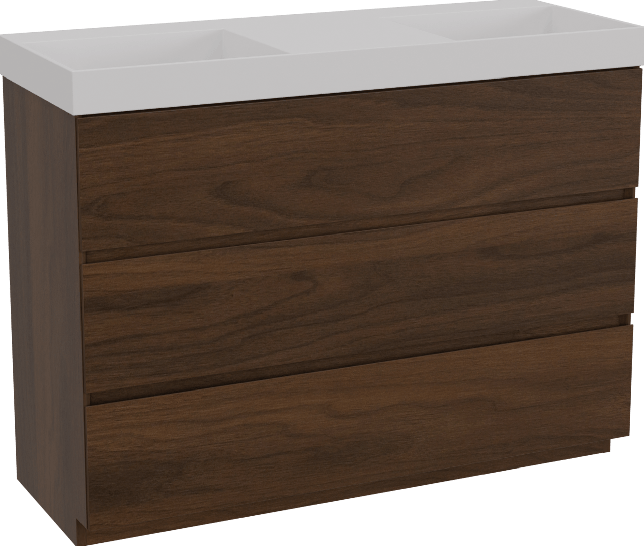Storke Edge freistehendes Möbelstück Set: 120 x 46 cm, Nussbaum, mit Jura Doppelwaschtisch, Solid Surface Weiß matt
