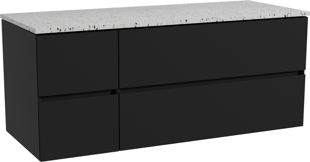 Storke Edge hängendes Möbelstück Set: 130 x 52 cm, Schwarz matt, mit Tavola Einzel- oder Doppel Waschtischplatte, Terrazzo in Weiß/Schwarz matt