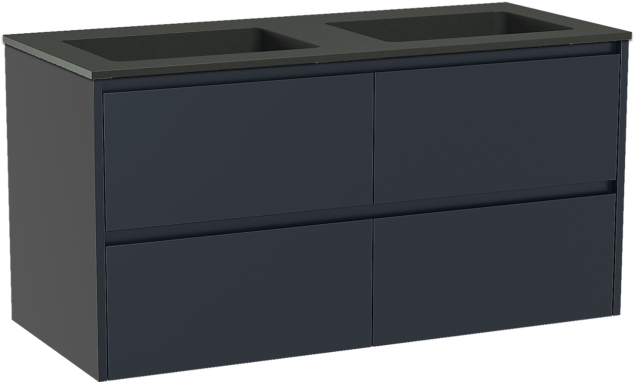 Storke Seda meuble salle de bains suspendu 120 x 52 cm bleu nuit avec Scuro double vasque en quartz noir mat