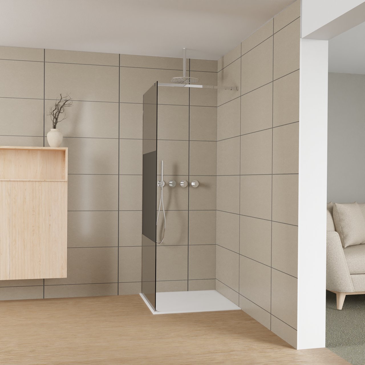Balmani Modular inloopdouche: 80 x 200 cm, Rookglas met matte strook, Glanzend chroom profielen