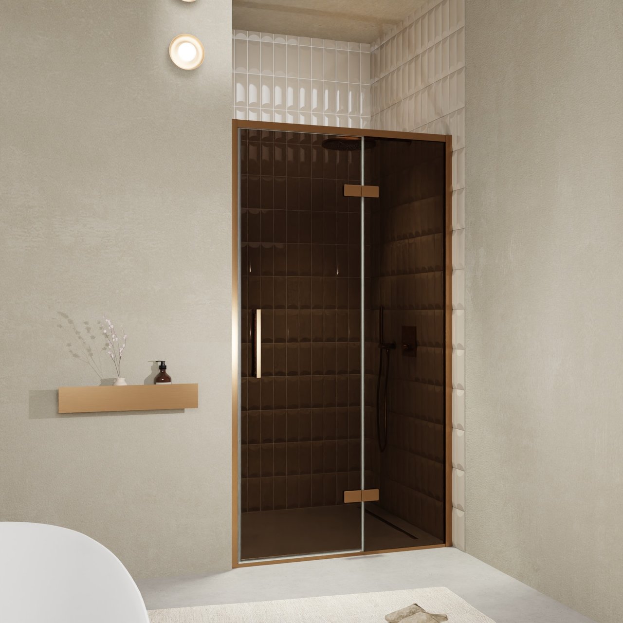 Balmani Senses Design douche draaideur rechts 120 cm x 210 cm Brons glas, Brushed Rosegold profielen, met coating