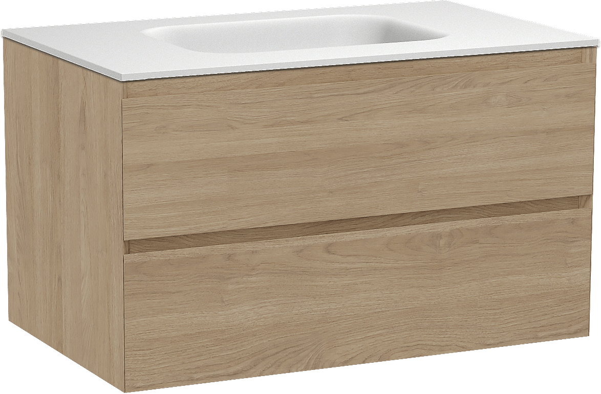 Balmani Mitra meuble salle de bains suspendu 90 x 55 cm chêne naturel avec Tablo Arcato plan simple en solid surface blanc mat