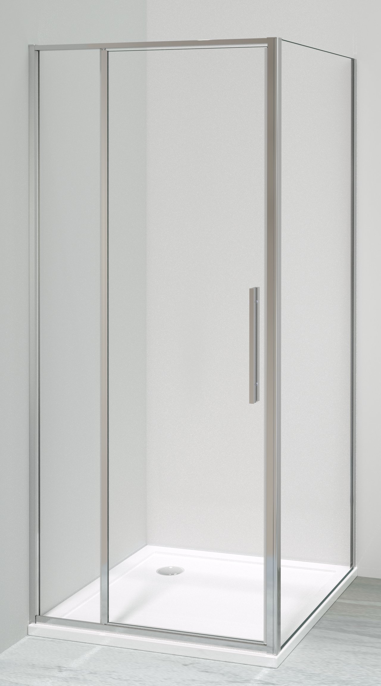Luca Varess Morano paroi d'angle avec porte pivotante avec 2 panneaux latéraux fixes 90 x 90 cm verre transparent profil chrome brillant