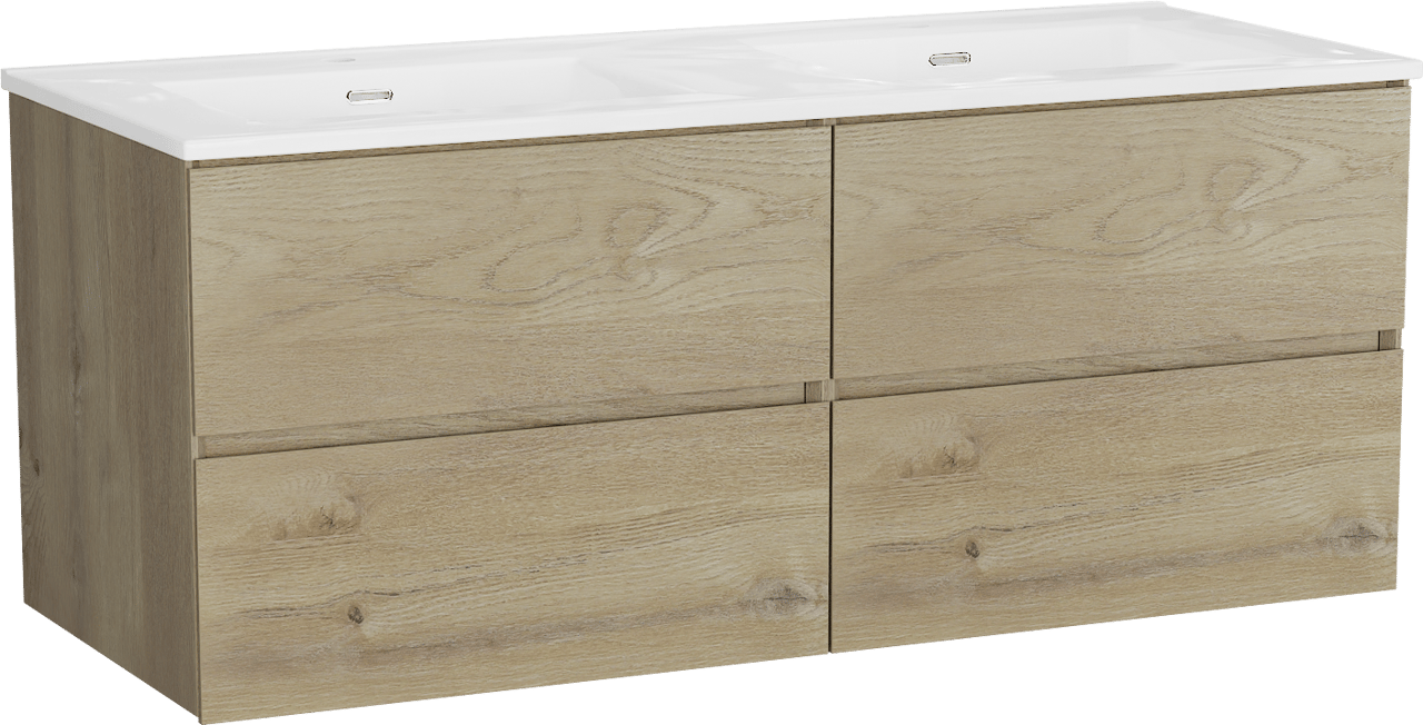 Storke Edge meuble salle de bains suspendu 130 x 52 cm chêne brut avec Kera double vasque en porcelaine blanc brillant, bondes incluses