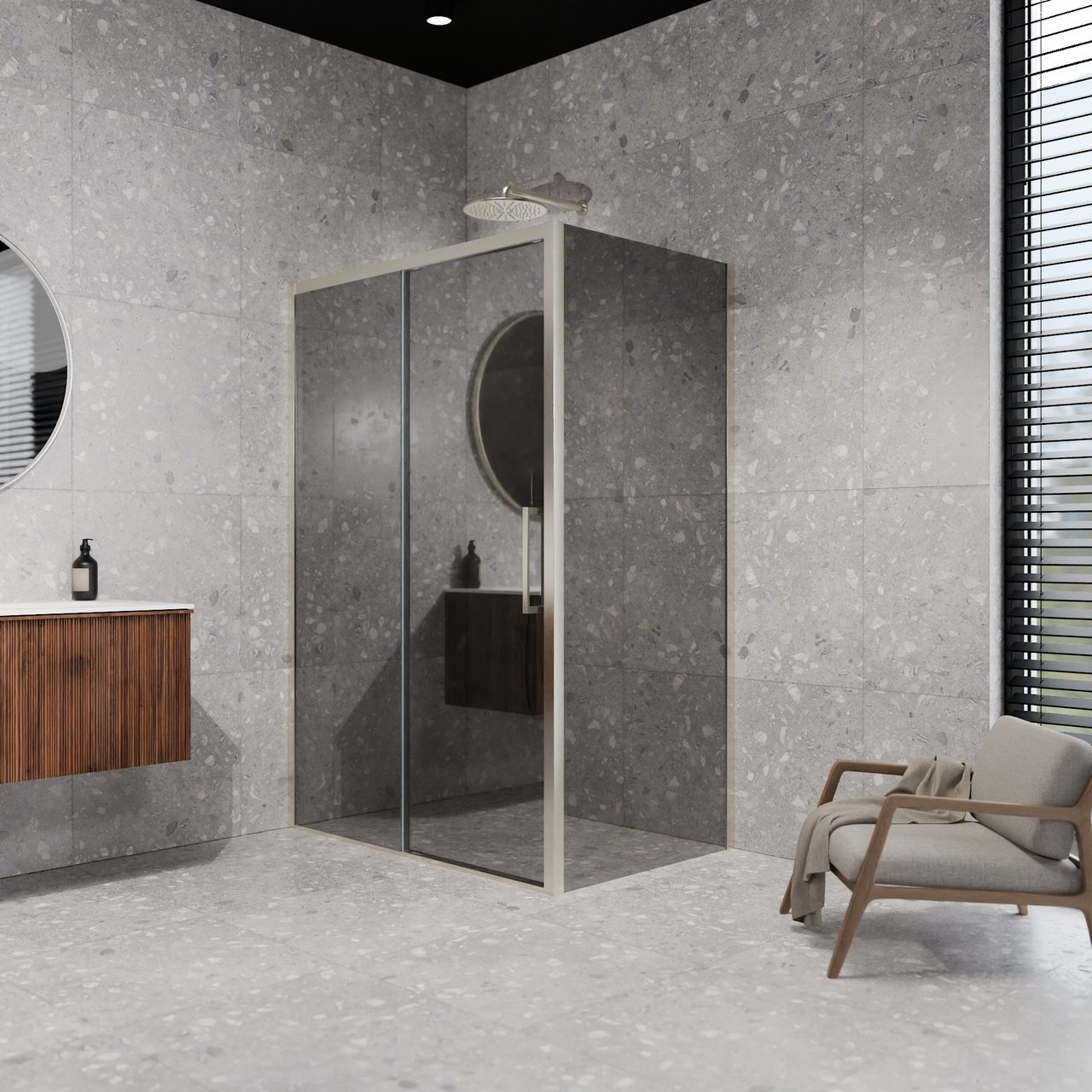 Balmani Senses Design douche en coin avec porte coulissante à gauche et paroi latérale fixe, 140 x 100 cm, Miroir Reflex, Profil Brushed CoolMetal