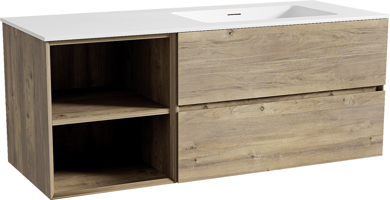 Storke Edge zwevend badmeubel 130 x 52 cm ruw eiken met Mata asymmetrisch rechtse wastafel in solid surface mat wit