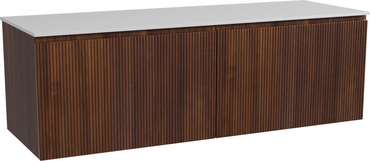 Storke Ribs meuble salle de bains suspendu 150 x 52 cm noyer avec Tavola tablette simple ou double en solid surface blanc mat, Nervure droite symétrique verticale