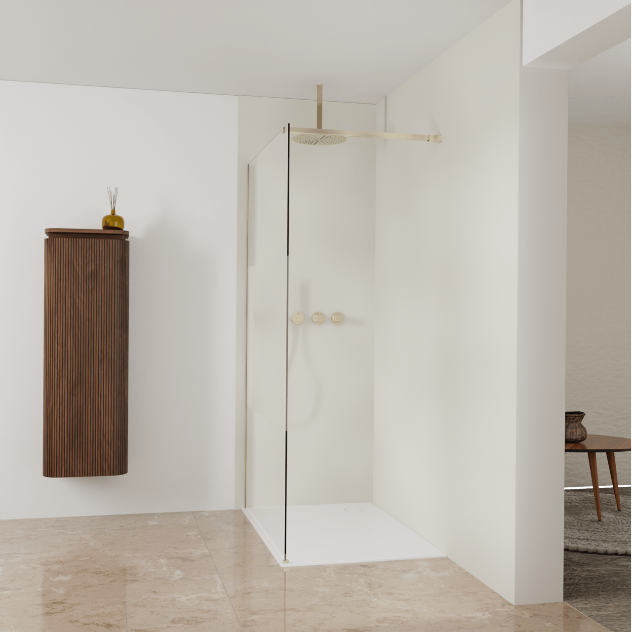 Balmani Modular douche à l'italienne: 120 x 200 cm, Verre transparent avec bande mate, Profil Brushed Champagne Gold