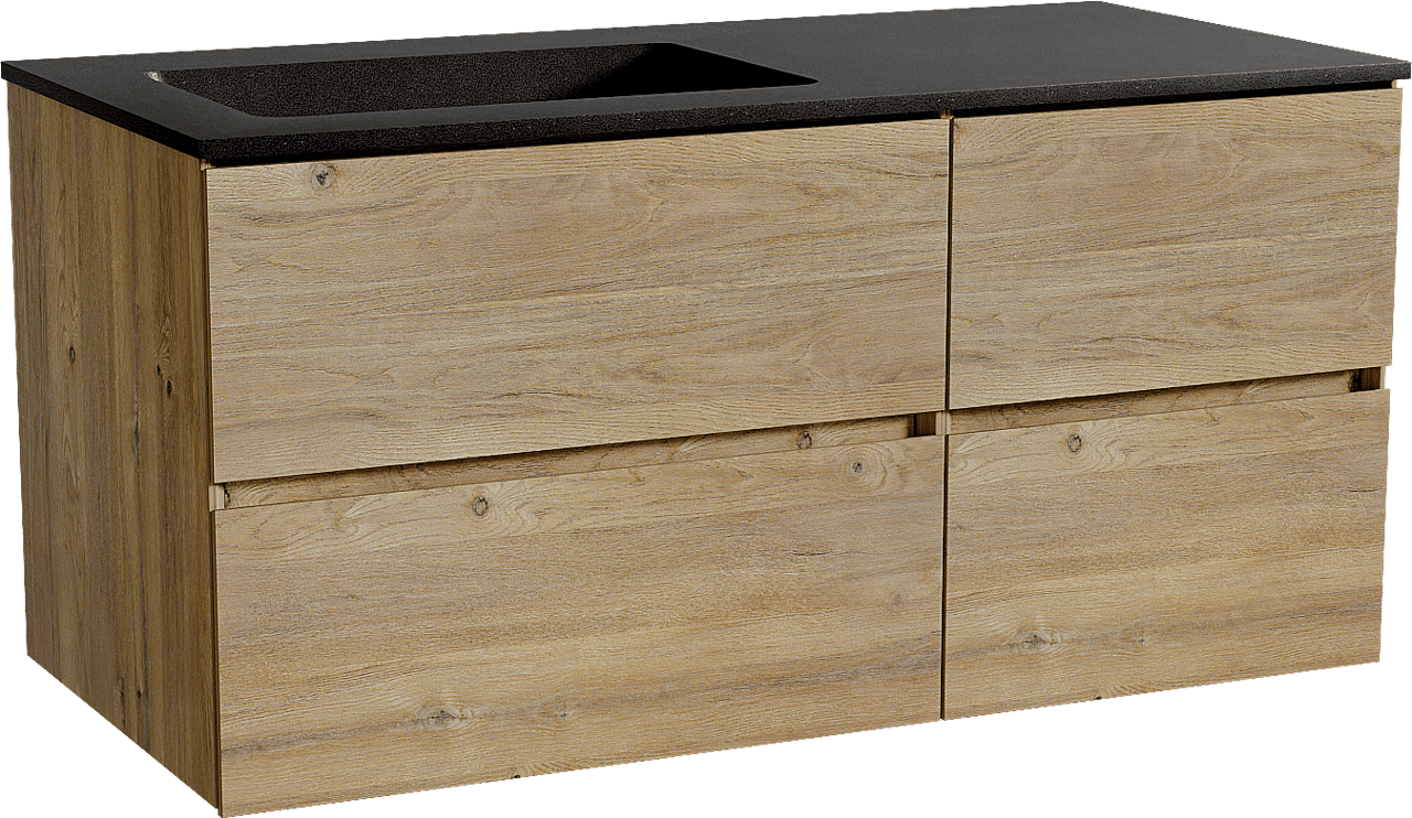 Storke Edge zwevend badmeubel 110 x 52 cm ruw eiken met Scuro asymmetrisch linkse wastafel in kwarts mat zwart