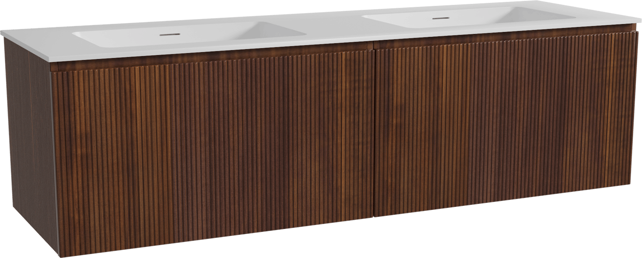 Storke Ribs zwevend badkamermeubel 170 x 52 cm notelaar met Mata dubbele wastafel in solid surface mat wit, Verticale symmetrische rechte ribbel