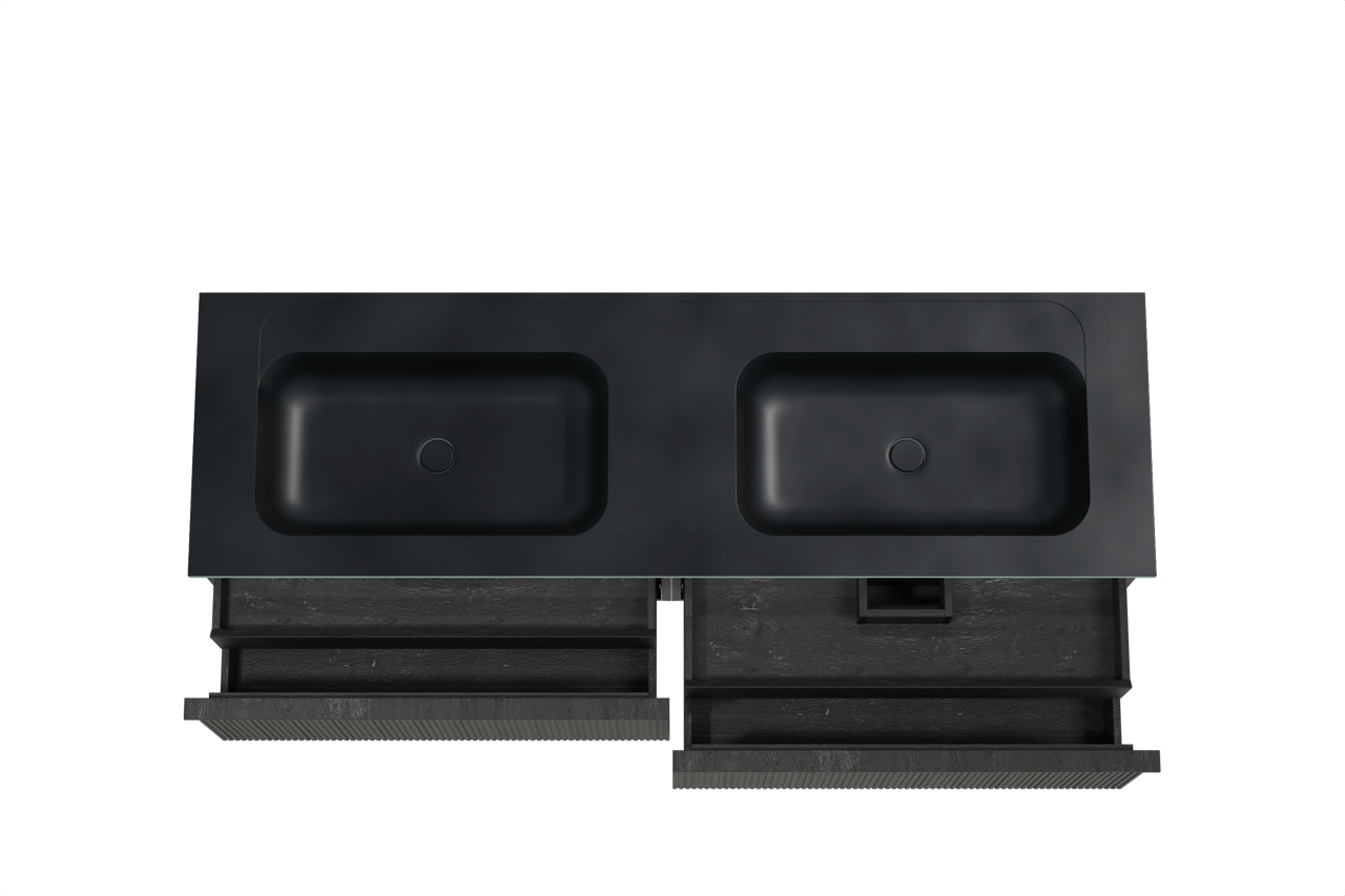 Balmani Forma meuble salle de bains suspendu 180 x 55 cm chêne noir avec Tablo Strada double vasque en marbre composite noir mat, Nervure droite symétrique verticale