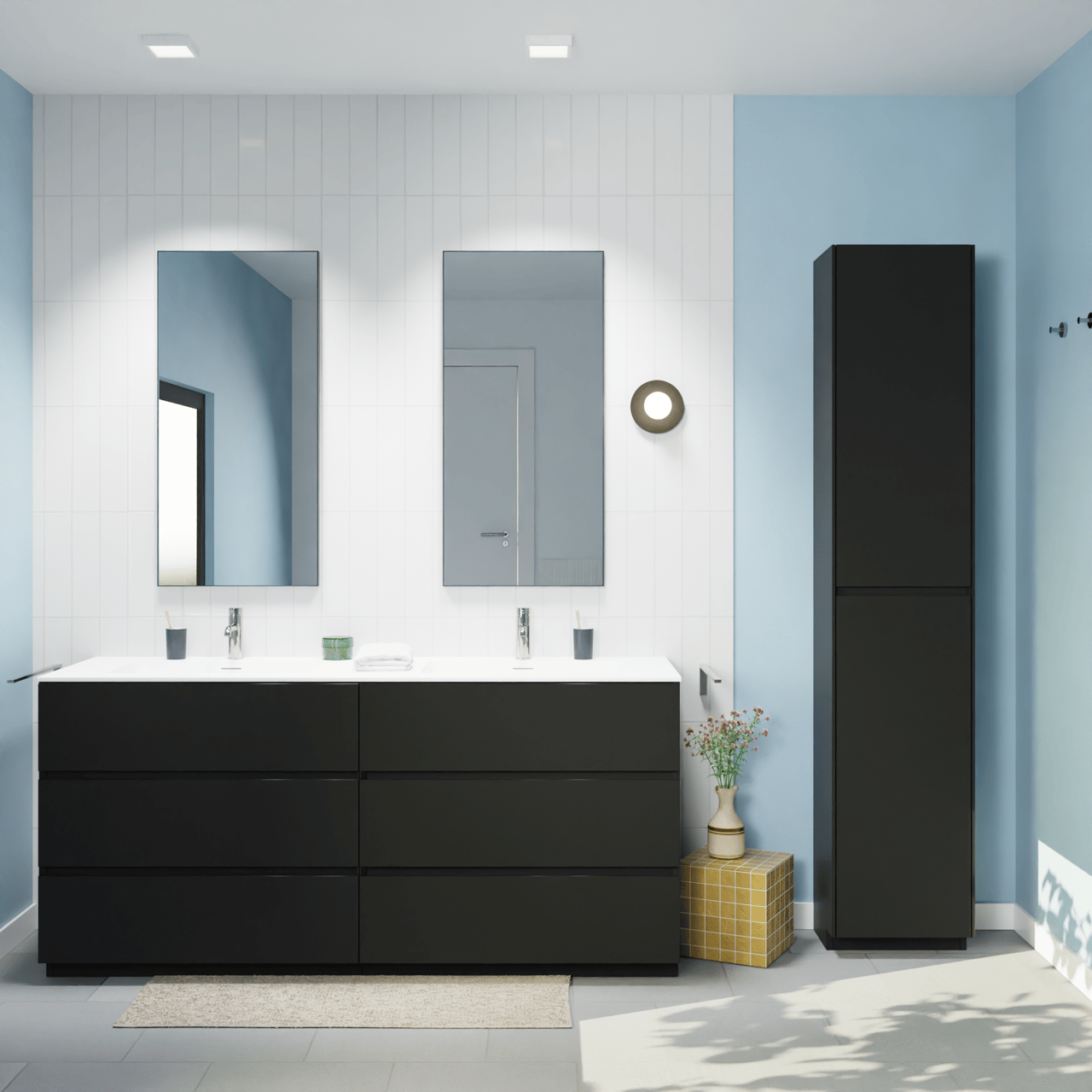 Storke Edge meuble salle de bains à poser 170 x 52 cm noir mat avec Mata double vasque en solid surface blanc mat