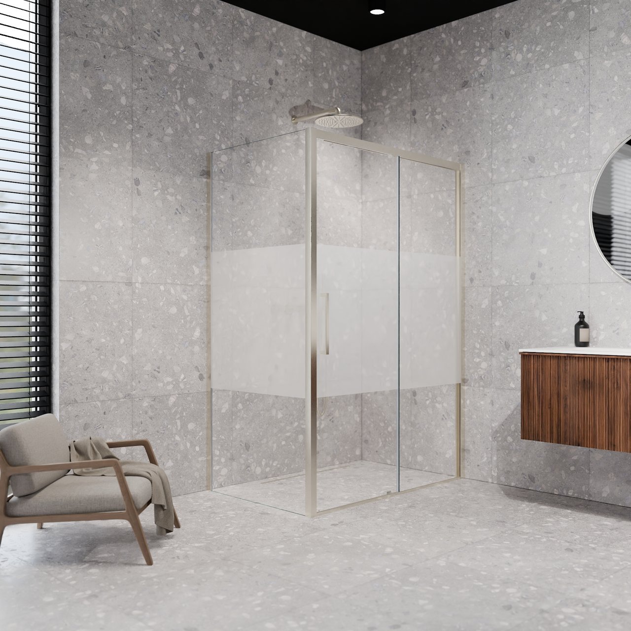 Balmani Senses Design Eckdusche: Schiebetür (Rechts) mit fixierte Seitenwand, 140 x 90 cm, Klarglas mit mattiertem Streifen, Profil Brushed CoolMetal
