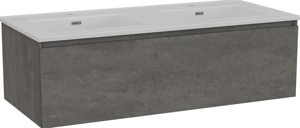 Storke Edge zwevend badmeubel 120 x 52 cm beton donkergrijs met Kera dubbele wastafel in porselein hoogglans wit, afvoerpluggen inbegrepen