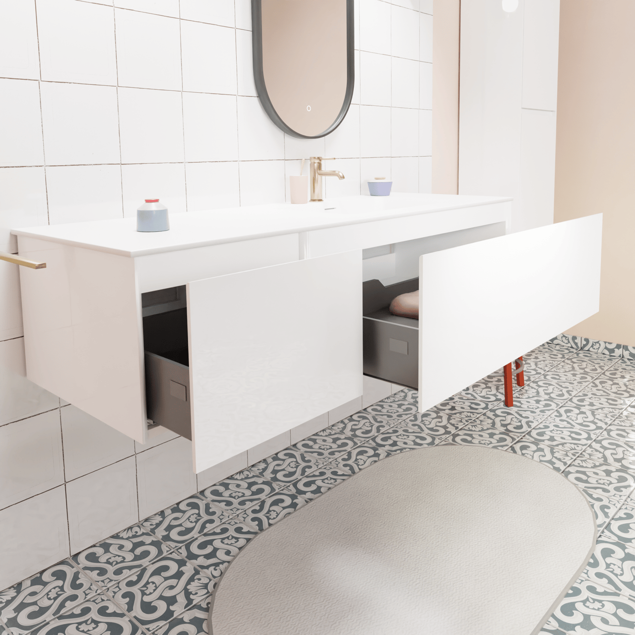 Storke Edge meuble salle de bains suspendu 150 x 52 cm blanc brillant avec Mata plan vasque asymétrique à droite en solid surface blanc mat