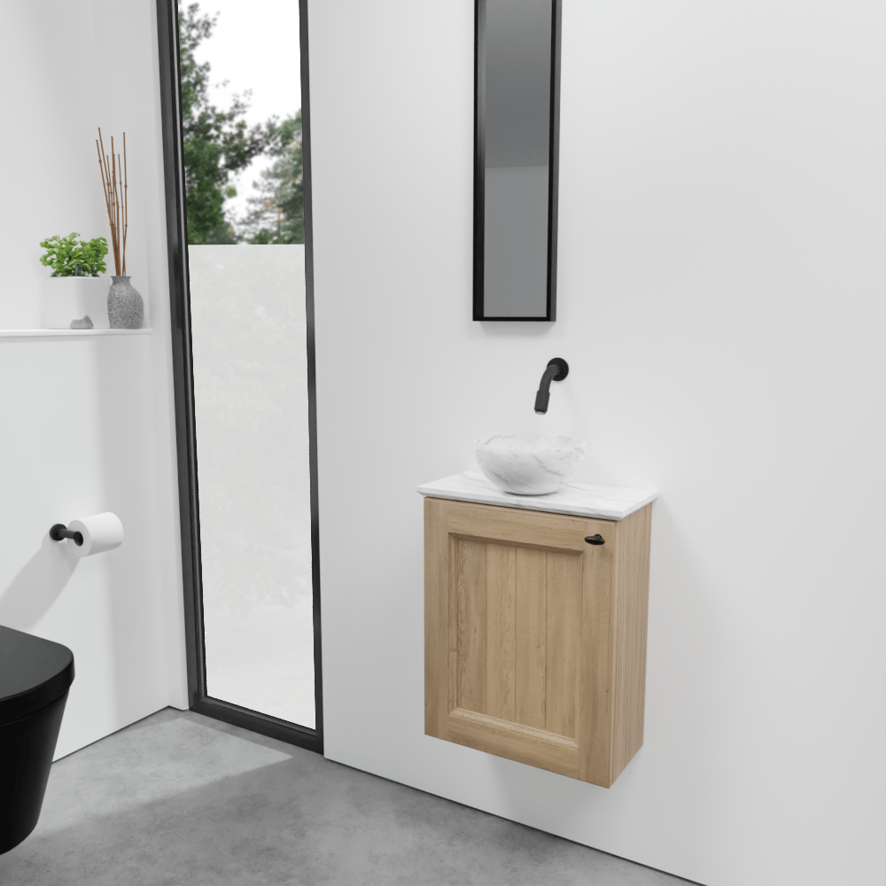 Balmani Lemon zwevend toiletmeubel 42 x 21 cm verweerde eik met Facetta tablet en Bari XS waskom in Carrara marmer