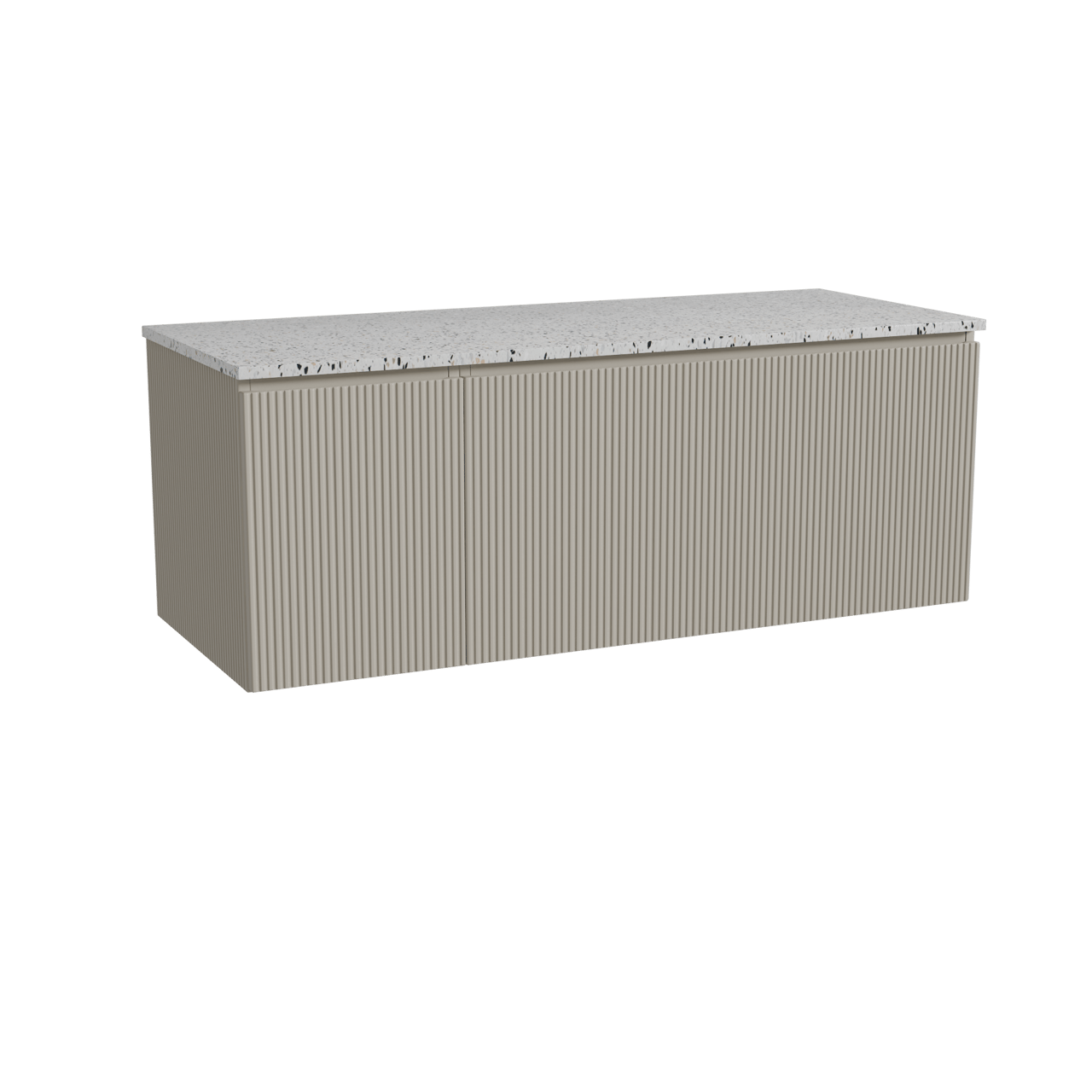 Storke Ribs zwevend badmeubel 130 x 52 cm zijdegrijs met Tavola enkel of dubbel wastafelblad in mat wit/zwart terrazzo, Verticale symmetrische rechte ribbel