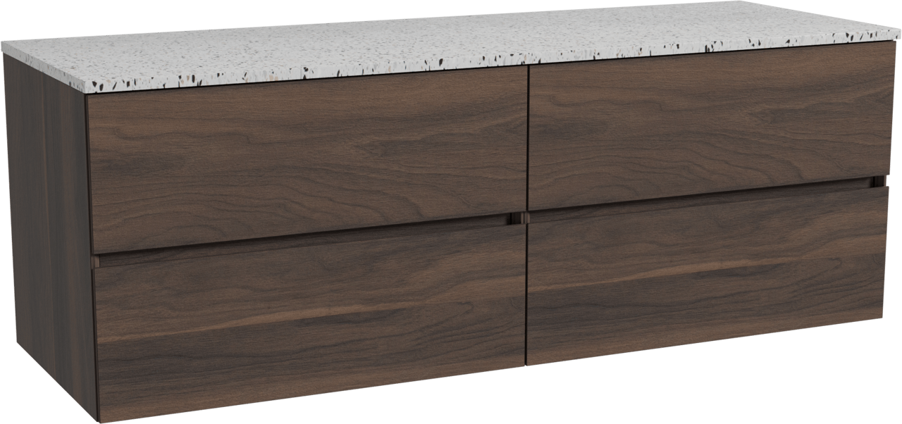 Storke Edge zwevend badmeubel 150 x 52 cm notenhout met Tavola enkel of dubbel wastafelblad in mat wit/zwart terrazzo