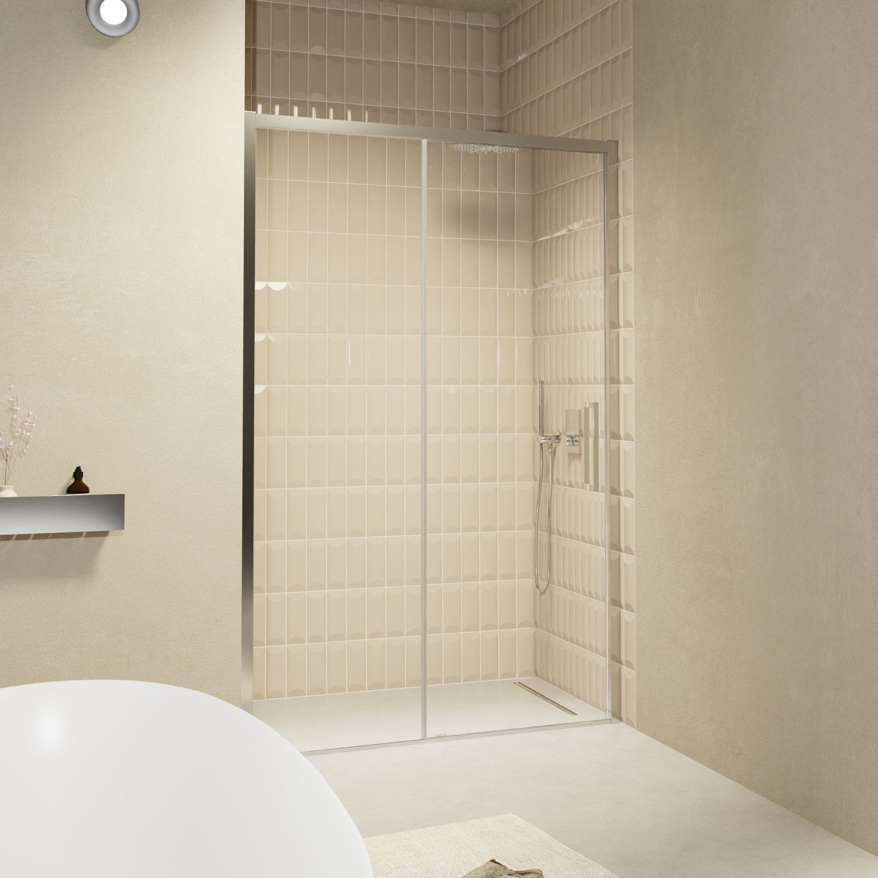 Balmani Senses Design Dusche Schiebetür, umkehrbar, 120 cm x 210 cm, Klarglas, Profil Chrom, inklusive Coating