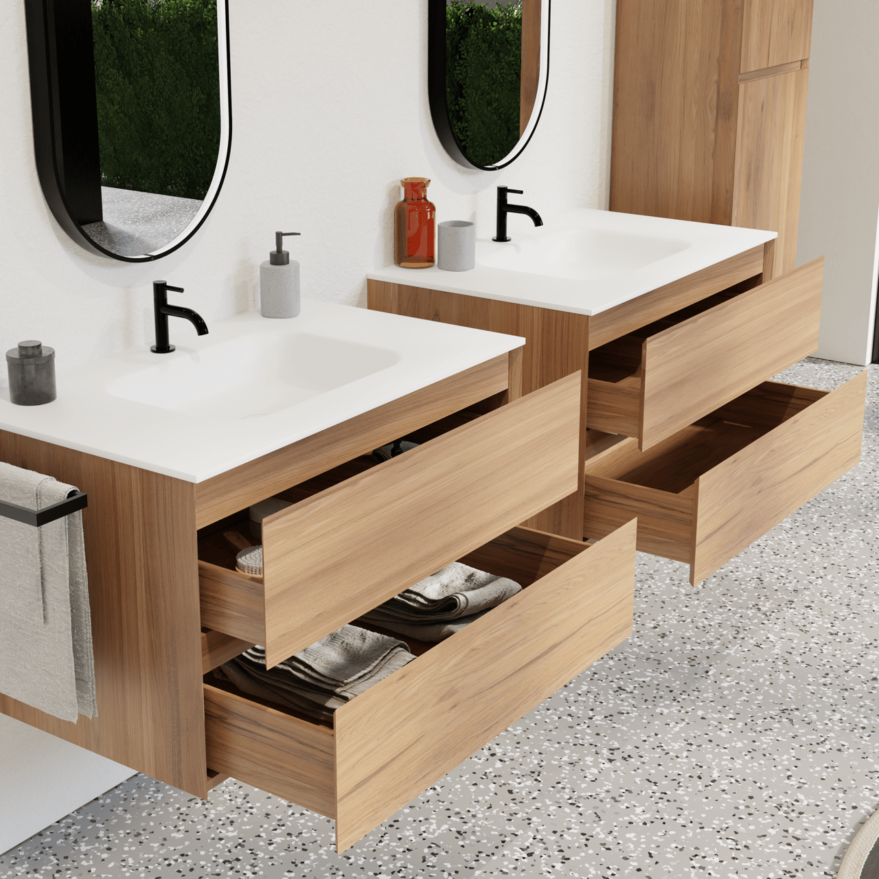 Balmani Mitra zwevend badkamermeubel 90 x 55 cm teak met Tablo Arcato enkele wastafel in solid surface mat wit