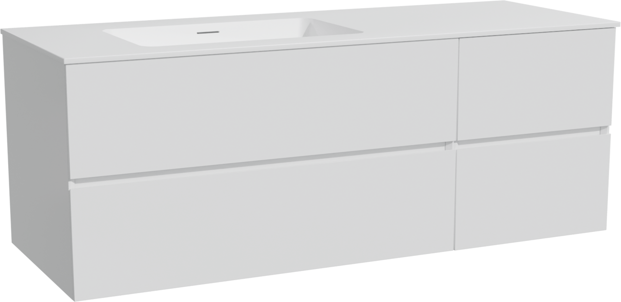 Storke Edge zwevend badkamermeubel 140 x 52 cm glanzend wit met Mata asymmetrisch linkse wastafel in solid surface mat wit