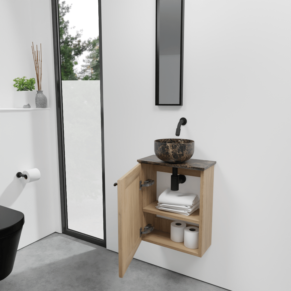 Balmani Lemon meuble wc suspendu 42 x 21 cm chêne vieilli avec Facetta tablette et Bowl vaque à poser en marbre Dark Emperador