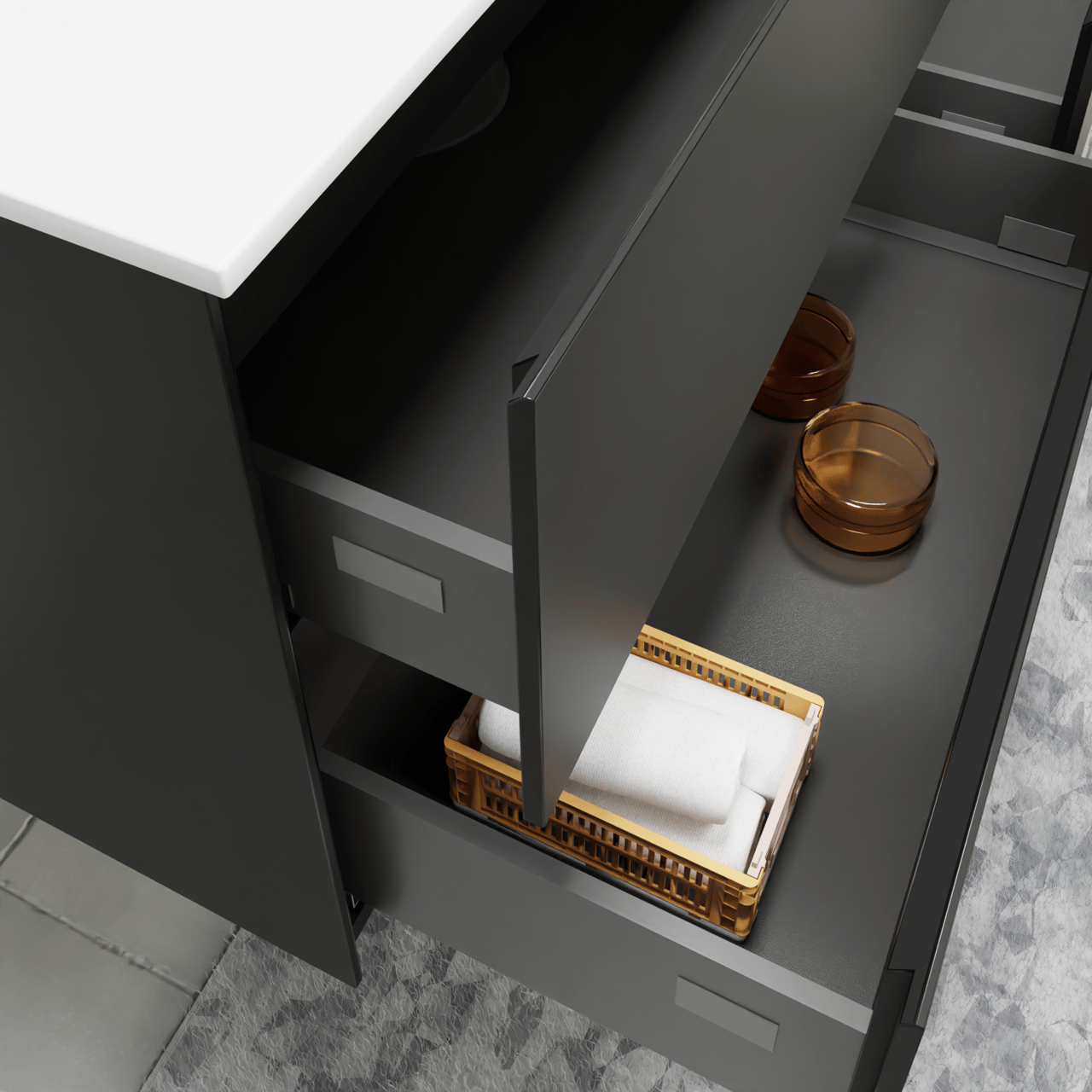 Storke Edge meuble salle de bains suspendu 140 x 52 cm noir mat avec Mata plan vasque asymétrique à gauche en solid surface blanc mat