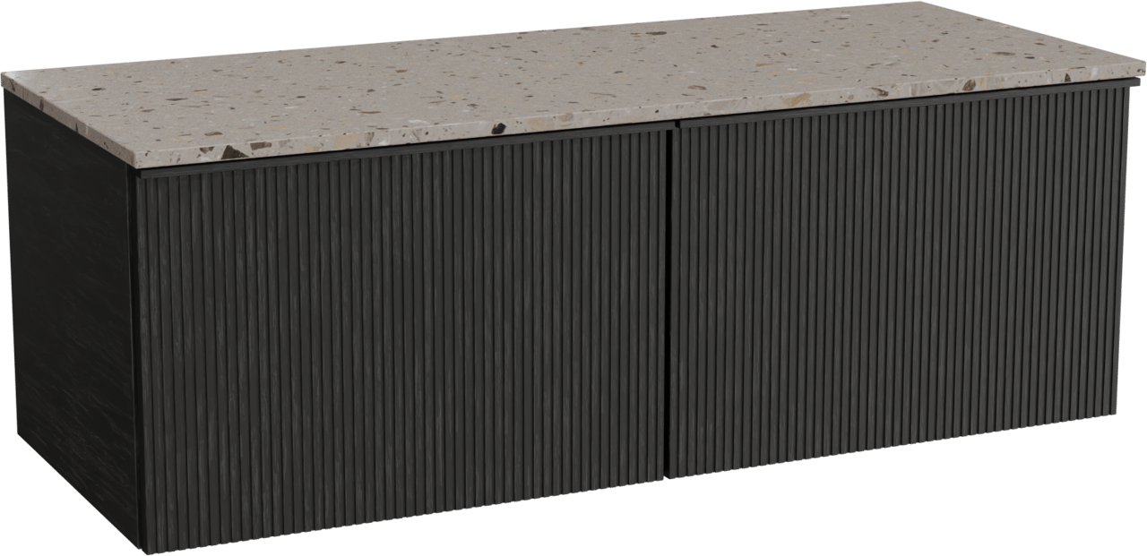 Balmani Forma zwevend badkamermeubel 135 x 55 cm zwarte eik met Stretto enkel of dubbel tablet in terrazzo greige terrazzo, Verticale symmetrische rechte ribbel