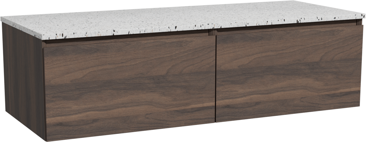 Storke Edge zwevend badmeubel 130 x 52 cm notenhout met Tavola enkel of dubbel wastafelblad in mat wit/zwart terrazzo