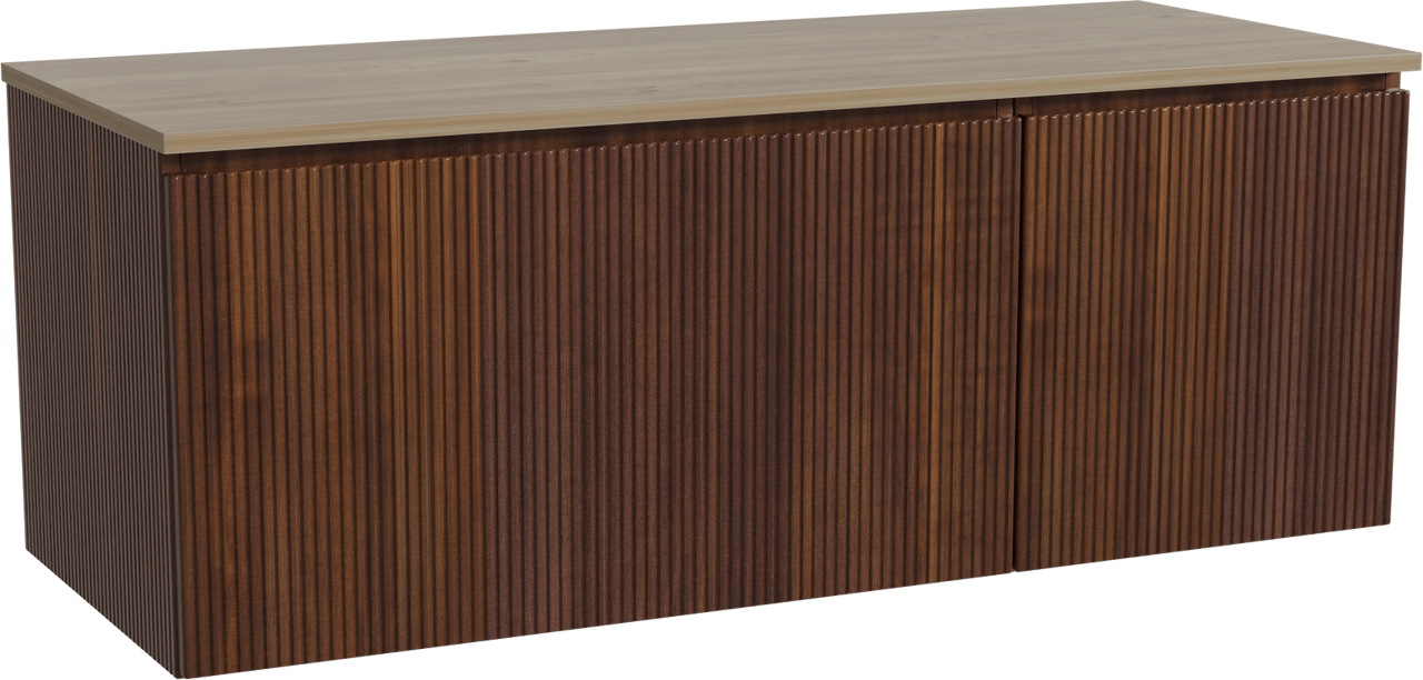 Storke Ribs zwevend badmeubel 130 x 52 cm notenhout met Panton enkel of dubbel wastafelblad in melamine ruw eiken, Verticale symmetrische rechte ribbel