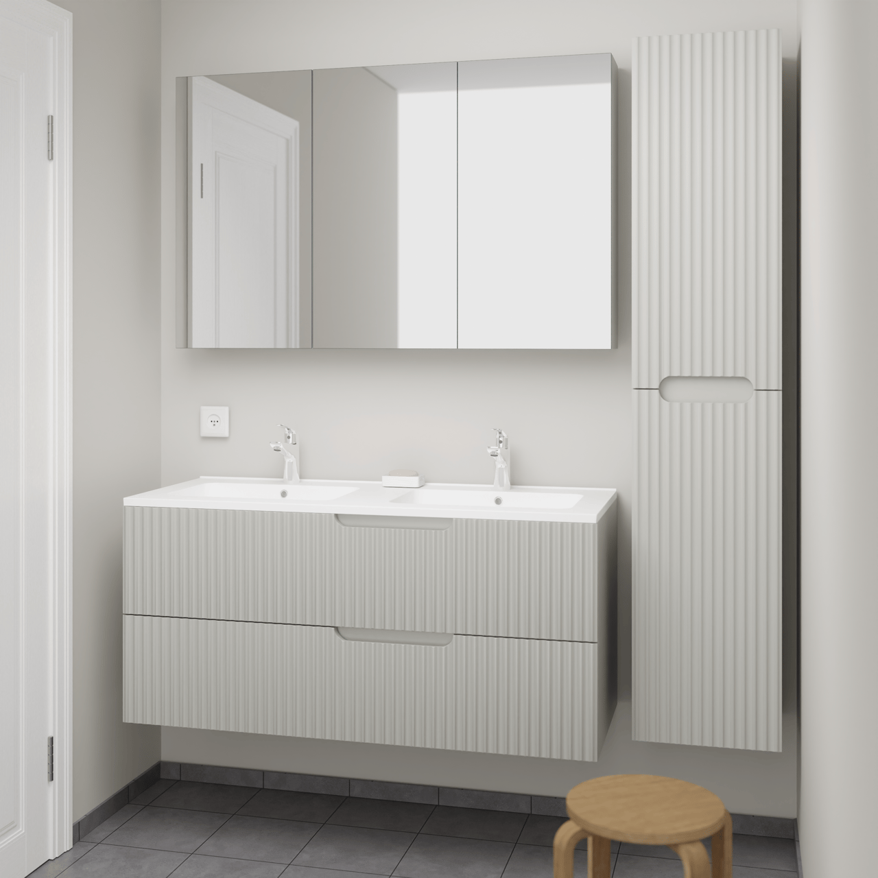 Linie Ribbo zwevend badkamermeubel 120 x 46 cm greige met Vano dubbele wastafel in composietmarmer mat wit, Verticale symmetrische ronde ribbel, Montro spiegelkast en Ribbo badkamerkast