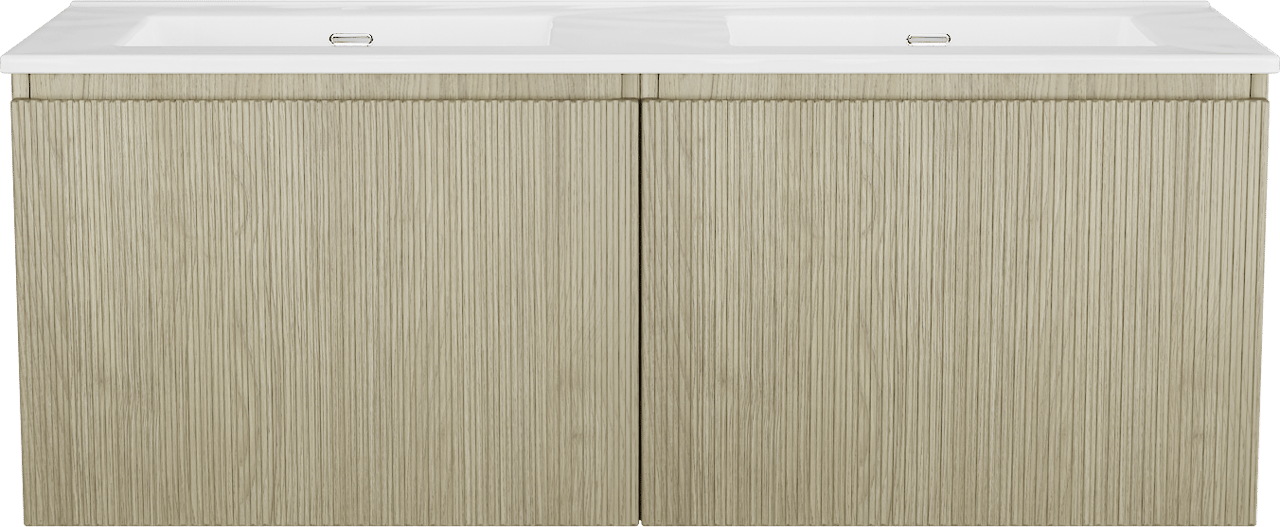 Storke Ribs meuble salle de bains suspendu 130 x 52 cm chêne brut avec Kera double vasque en porcelaine blanc brillant, Nervure droite symétrique verticale, bondes incluses