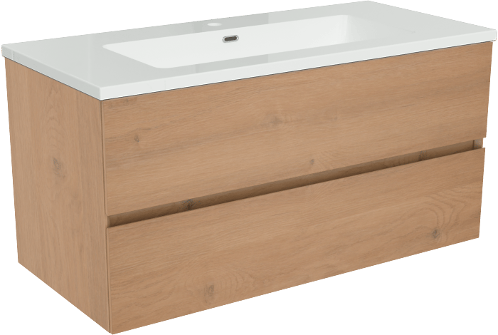 Storke Edge zwevend badkamermeubel 100 x 46 cm ruwe eik met Diva enkele wastafel in composietmarmer glanzend wit