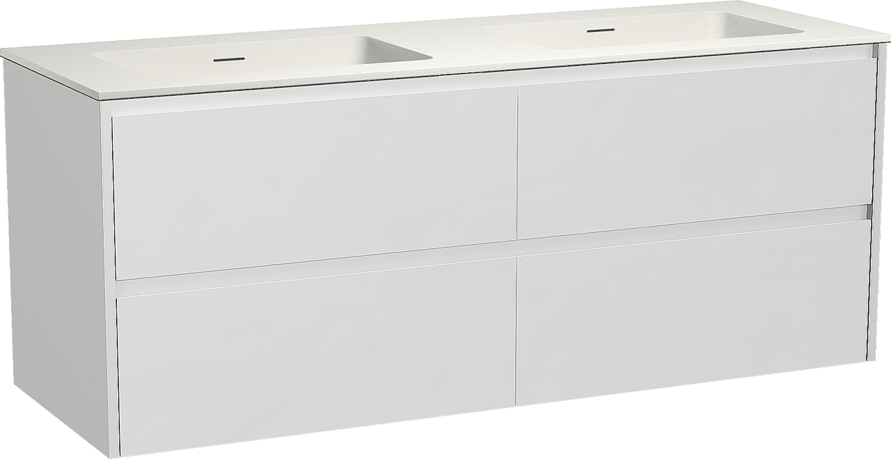 Storke Seda zwevend badkamermeubel 150 x 52 cm mat wit met Mata dubbele wastafel in solid surface mat wit