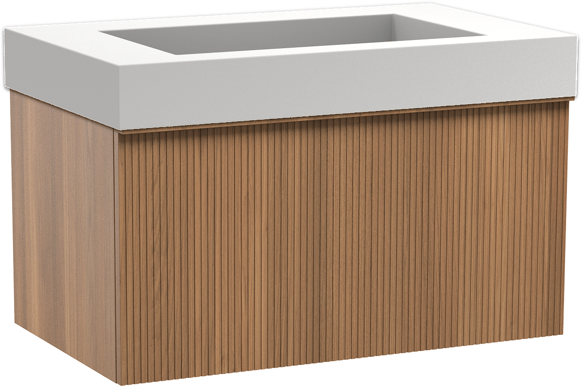 Balmani Forma hängendes Möbelstück Set: 90 x 55 cm, Teak, mit Modus Einzelwaschtisch, Solid Surface, Weiß matt, Vertikale symmetrische gerade Rippe